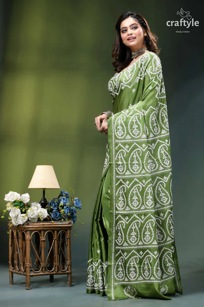 May green white gujrati stitch silk saree - hand embroidery olive green silk saree intricate 3