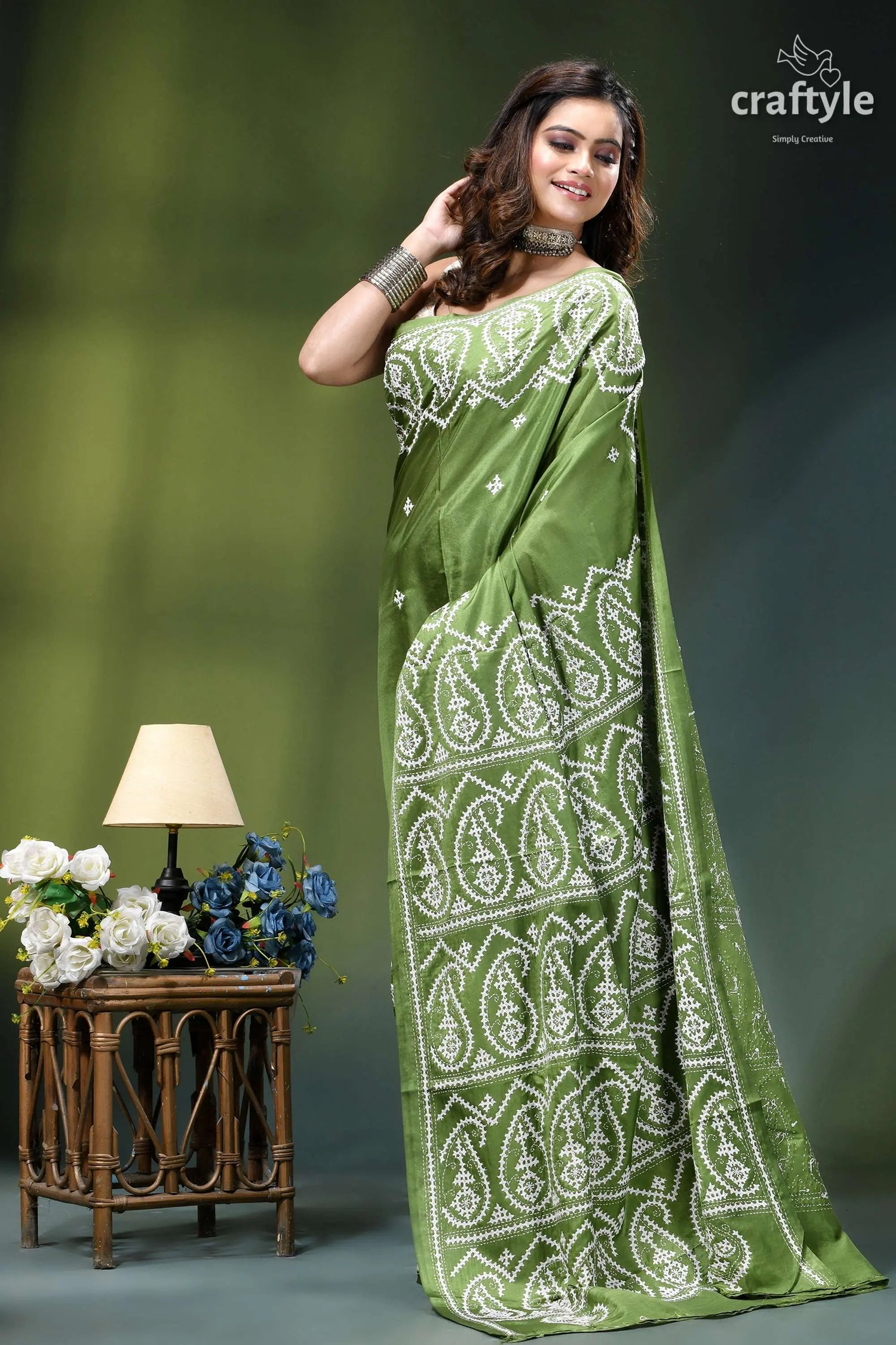 May green white gujrati stitch silk saree - hand embroidery woman wears vibrant olive green 4