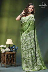 May green white gujrati stitch silk saree - hand embroidery woman wears vibrant olive green 4