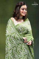 May green white gujrati stitch silk saree - hand embroidery woman wears sage green saree 2