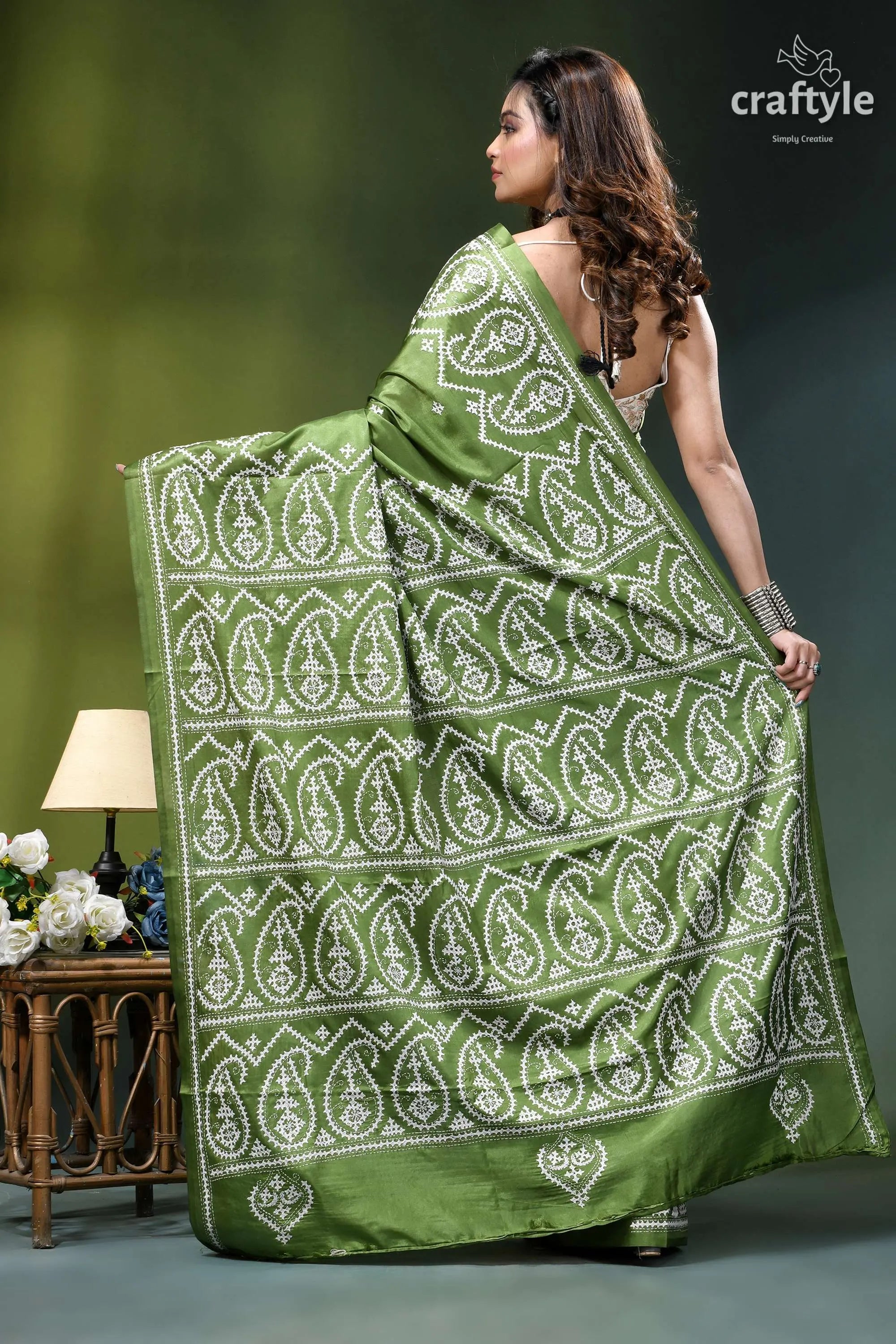 May green white gujrati stitch silk saree - hand embroidery olive green silk saree intricate 6