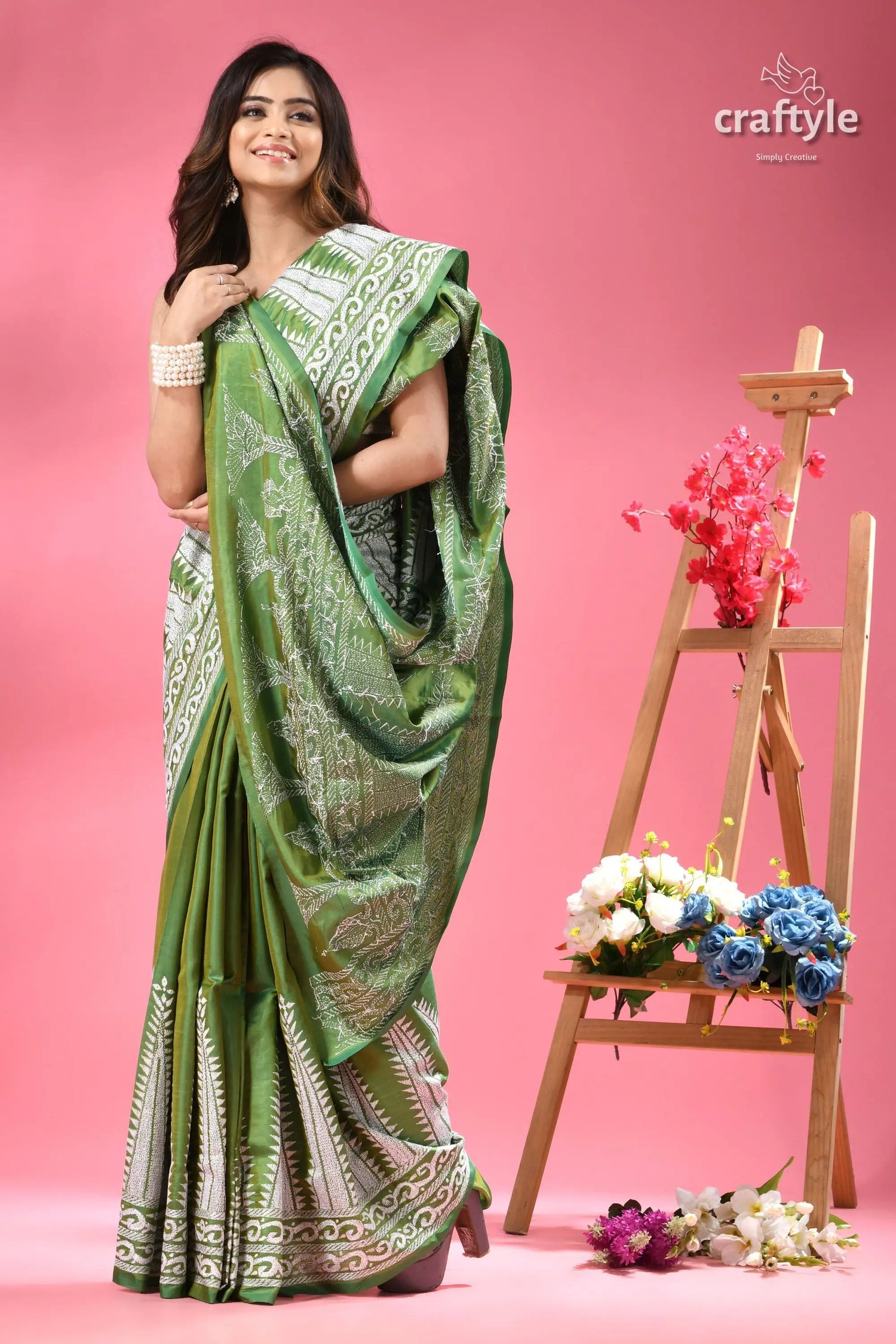 May green white thread work silk kantha stitch saree woman green white patterned saree 4