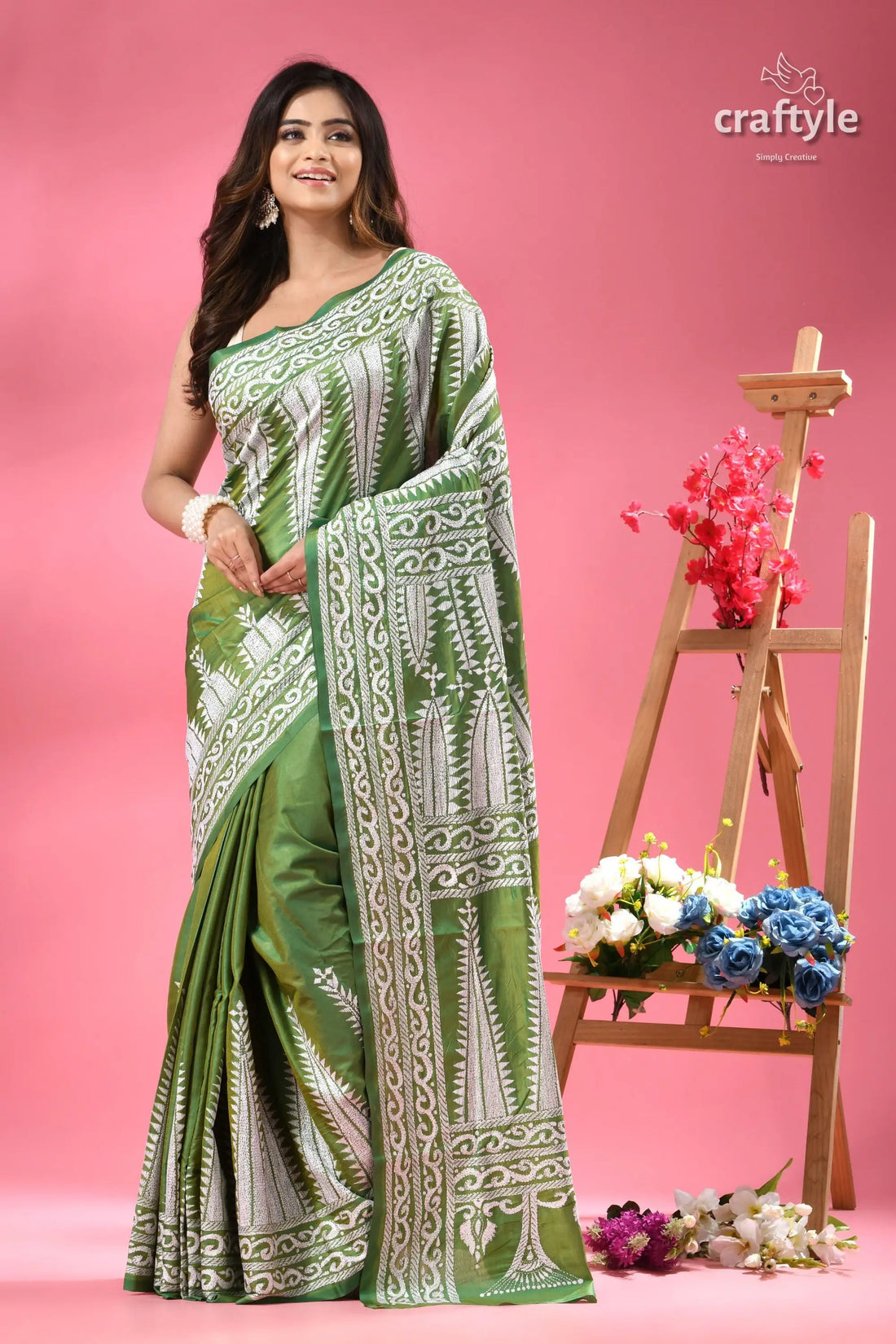 May green white thread work silk kantha stitch saree woman green white patterned silk 1