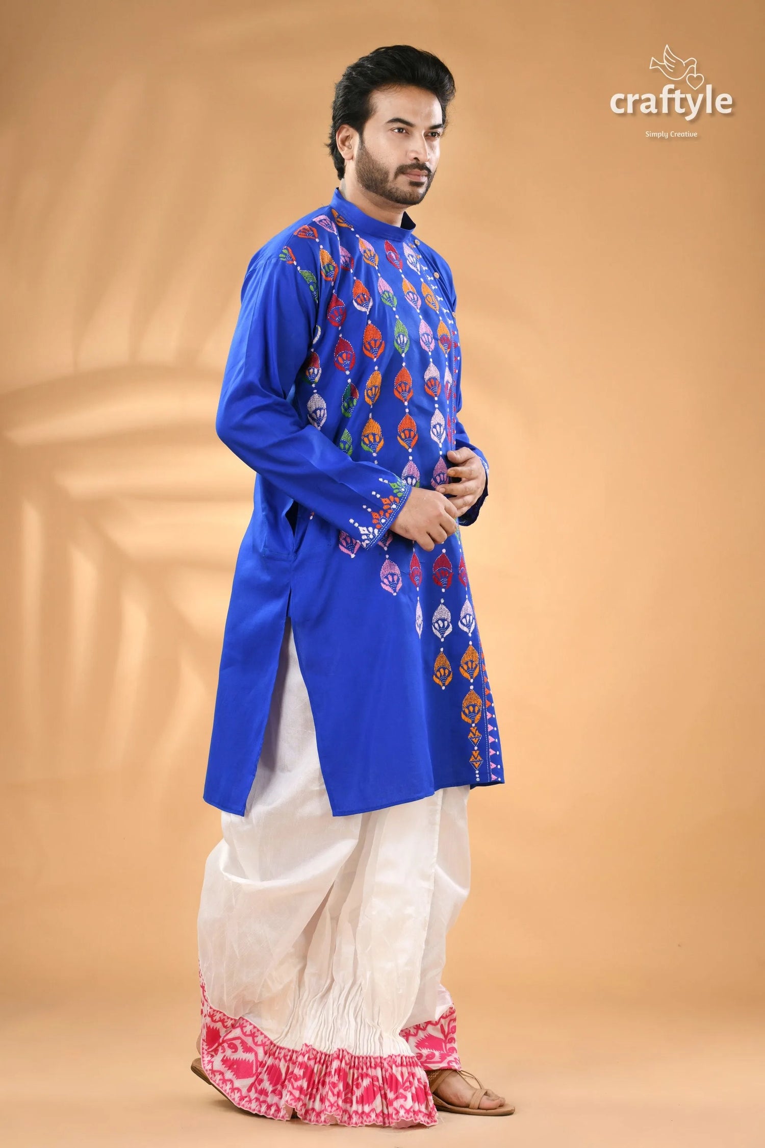 Medium blue kantha stitch cotton panjabi for men men’s kurta colorful embroidered 4
