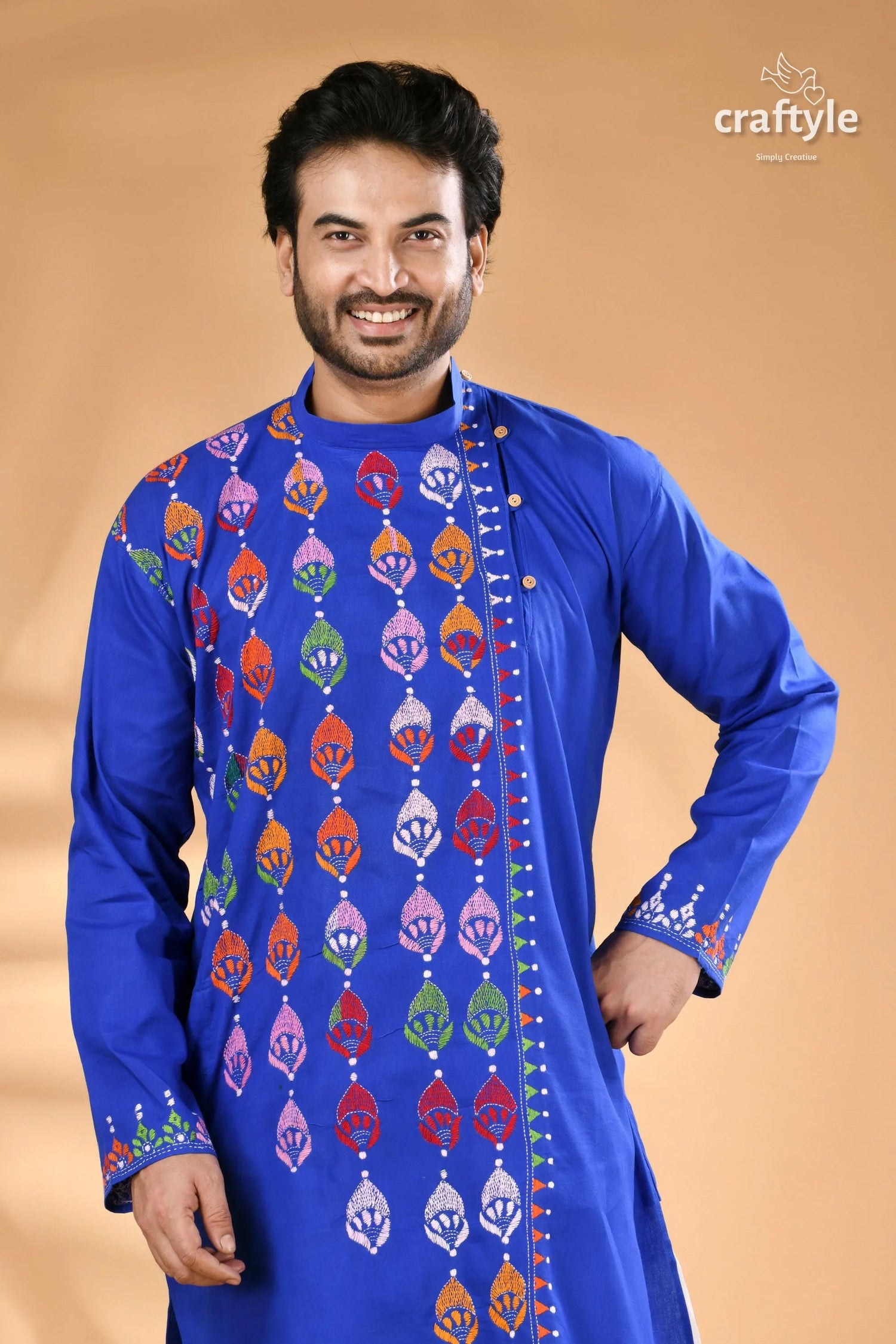 Medium blue kantha stitch cotton panjabi for men royal men’s kurta colorful 2