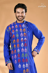 Medium blue kantha stitch cotton panjabi for men royal men’s kurta colorful 2