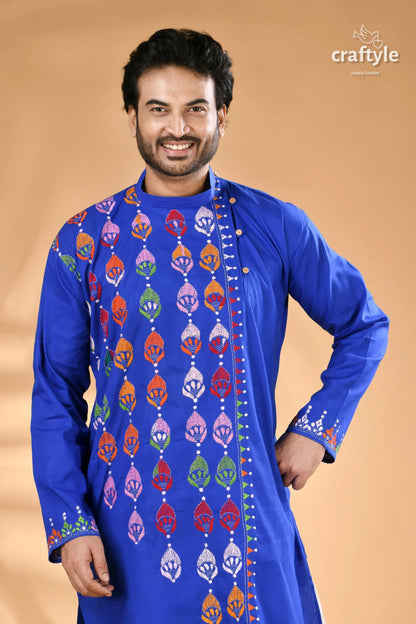 Medium blue kantha stitch cotton panjabi for men royal men’s kurta colorful 2