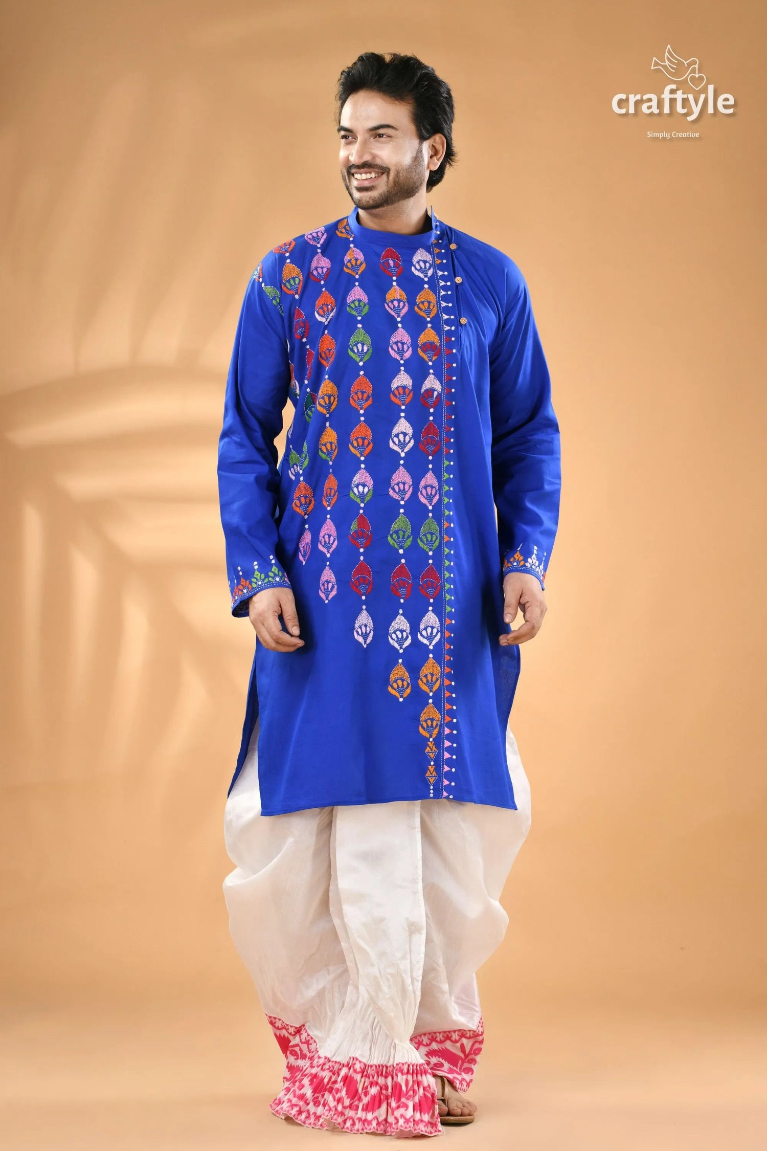 Medium blue kantha stitch cotton panjabi for men men’s royal silk blend 3