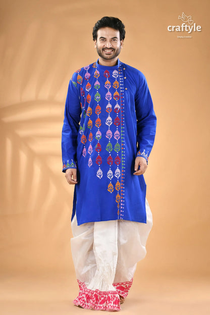 Medium blue kantha stitch cotton panjabi for men men’s royal embroidered kurta 1