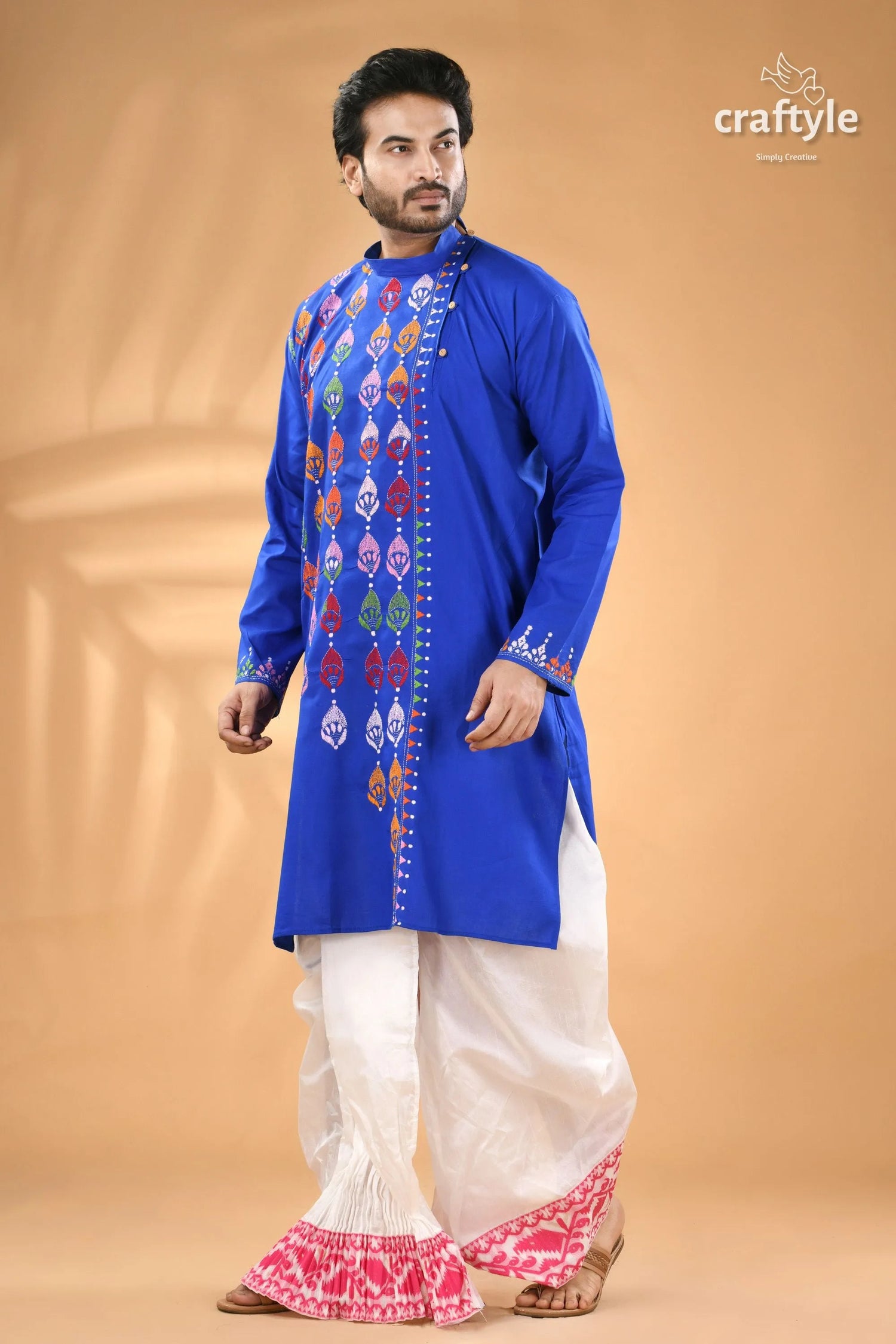 Medium blue kantha stitch cotton panjabi for men men’s royal embroidered kurta 5