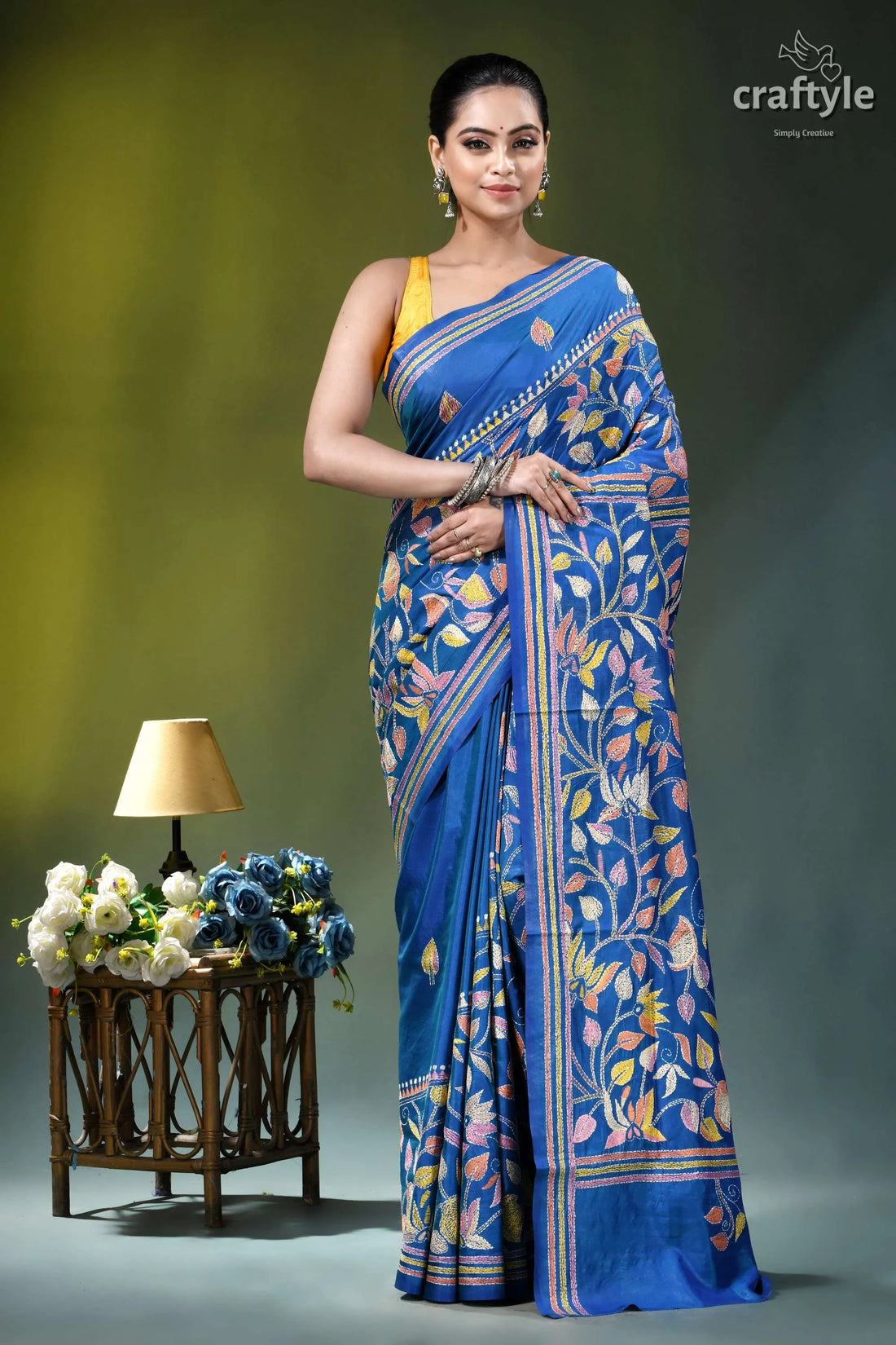 Medium blue multicolor lotus motif silk kantha stitch saree vibrant blue silk saree adorned 1