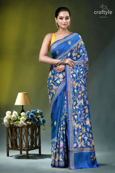 Medium blue multicolor lotus motif silk kantha stitch saree vibrant blue silk saree adorned 1