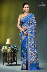 Medium blue multicolor lotus motif silk kantha stitch saree woman wears vibrant blue silk 6