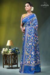 Medium blue multicolor lotus motif silk kantha stitch saree woman wears vibrant blue silk 3