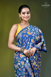 Medium blue multicolor lotus motif silk kantha stitch saree woman wears vibrant blue saree 2