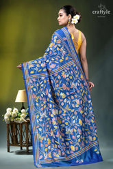 Medium blue multicolor lotus motif silk kantha stitch saree vibrant blue silk saree adorned 5