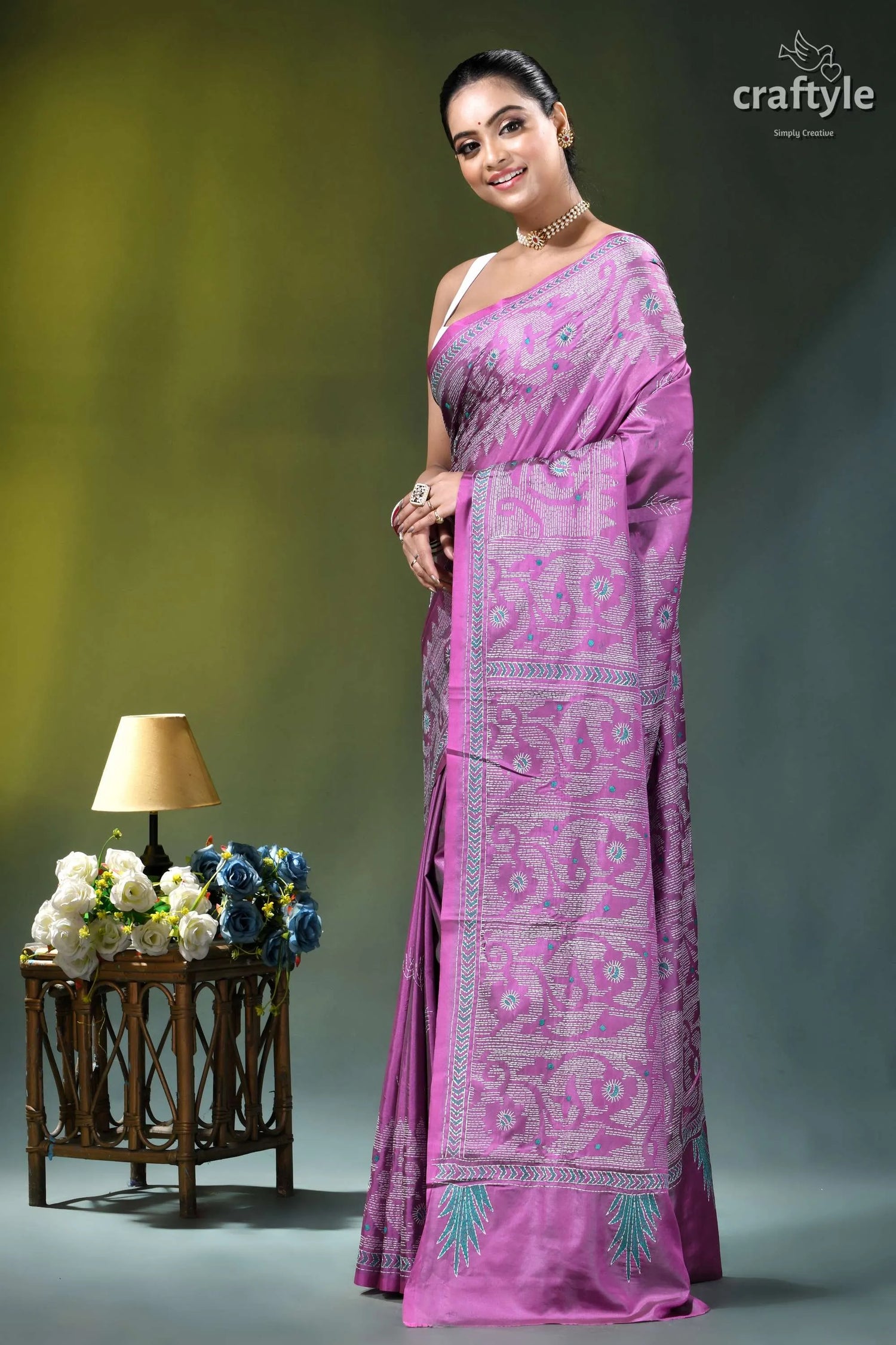 Medium orchid jamdani pattern handmade silk kantha saree woman wears vibrant purple silk 3