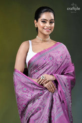 Medium orchid jamdani pattern handmade silk kantha saree woman wears vibrant purple saree 2