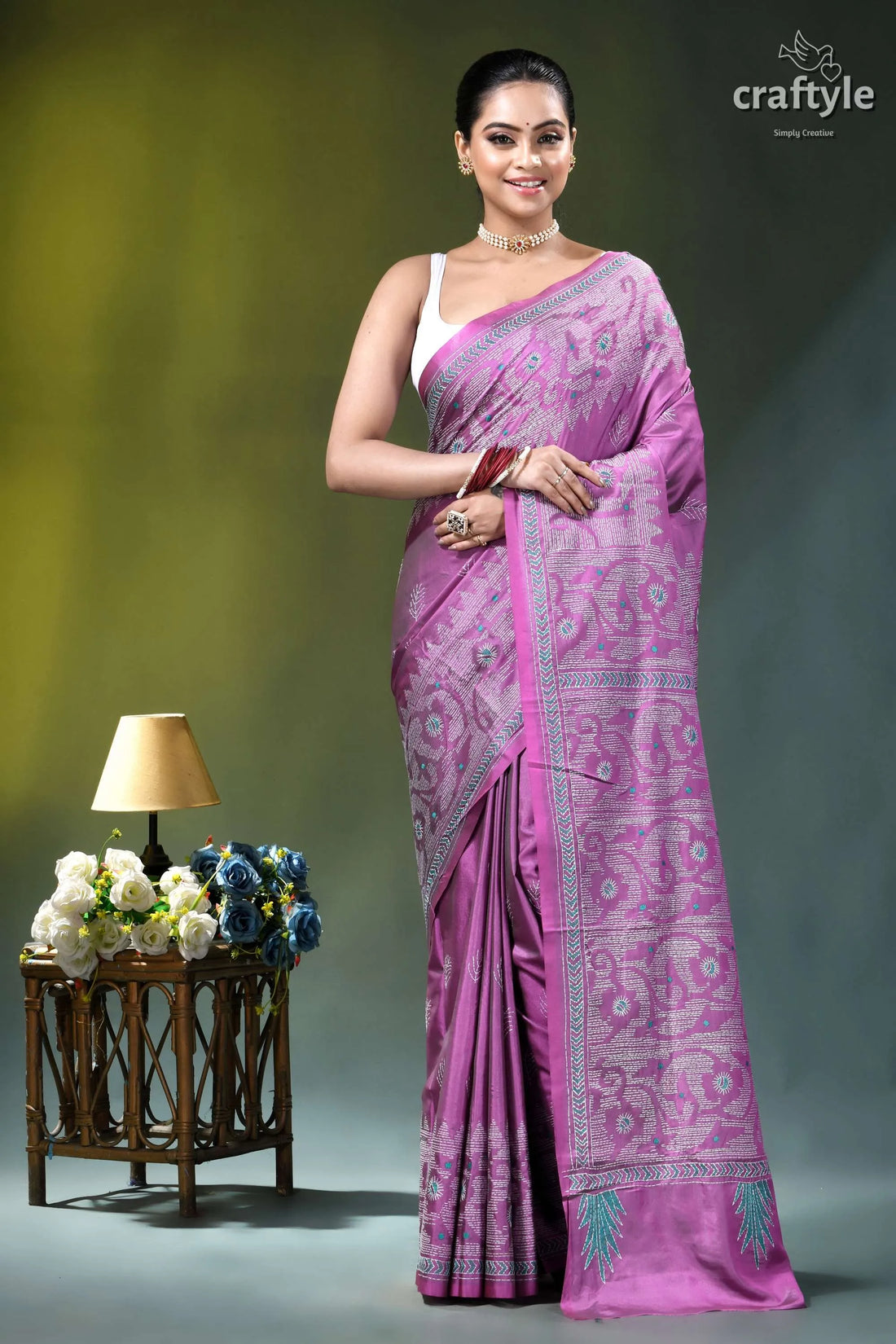 Medium orchid jamdani pattern handmade silk kantha saree woman wears vibrant purple saree 1