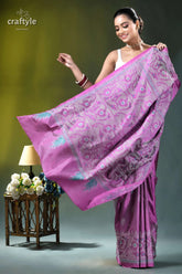 Medium orchid jamdani pattern handmade silk kantha saree vibrant pink saree intricate silver 4