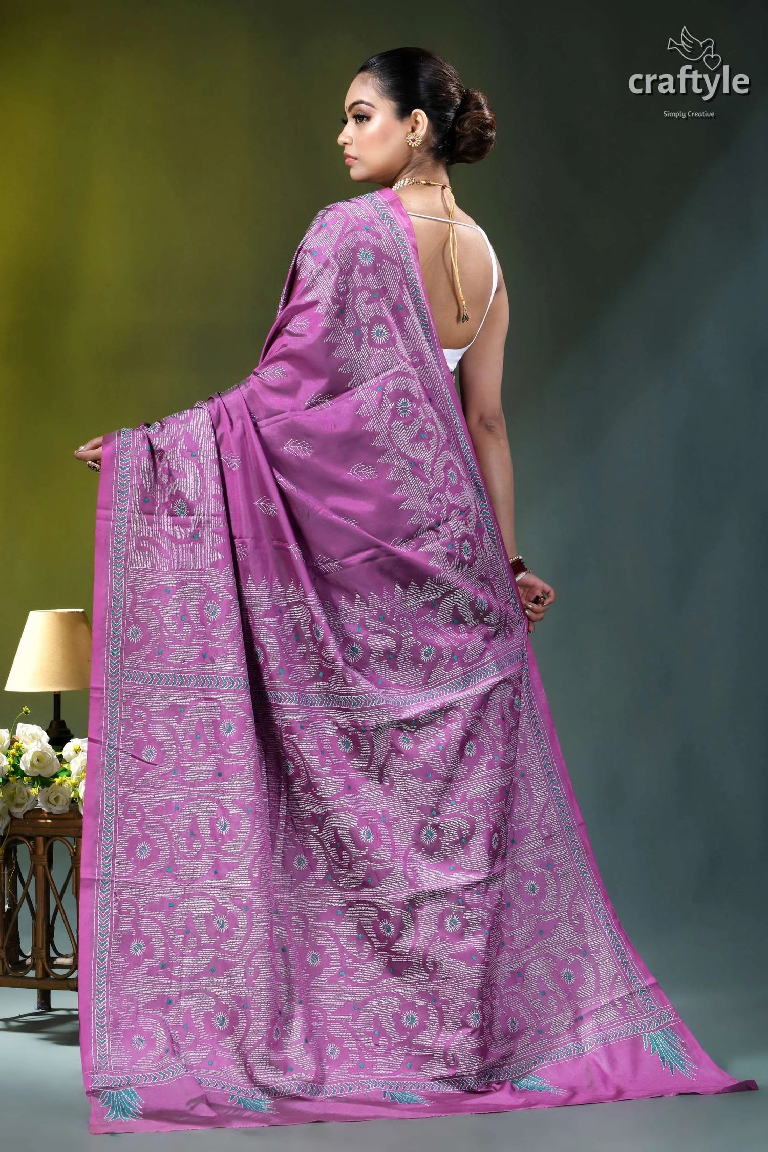 Medium orchid jamdani pattern handmade silk kantha saree vibrant purple silk saree intricate 6