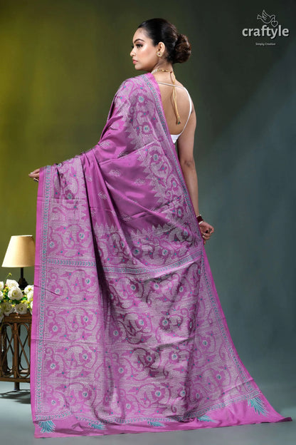 Medium orchid jamdani pattern handmade silk kantha saree vibrant purple silk saree intricate 6