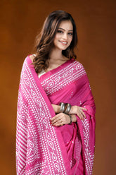Medium pink paisley design handcrafted kantha embroidery silk saree vibrant fuchsia saree intricate white 2