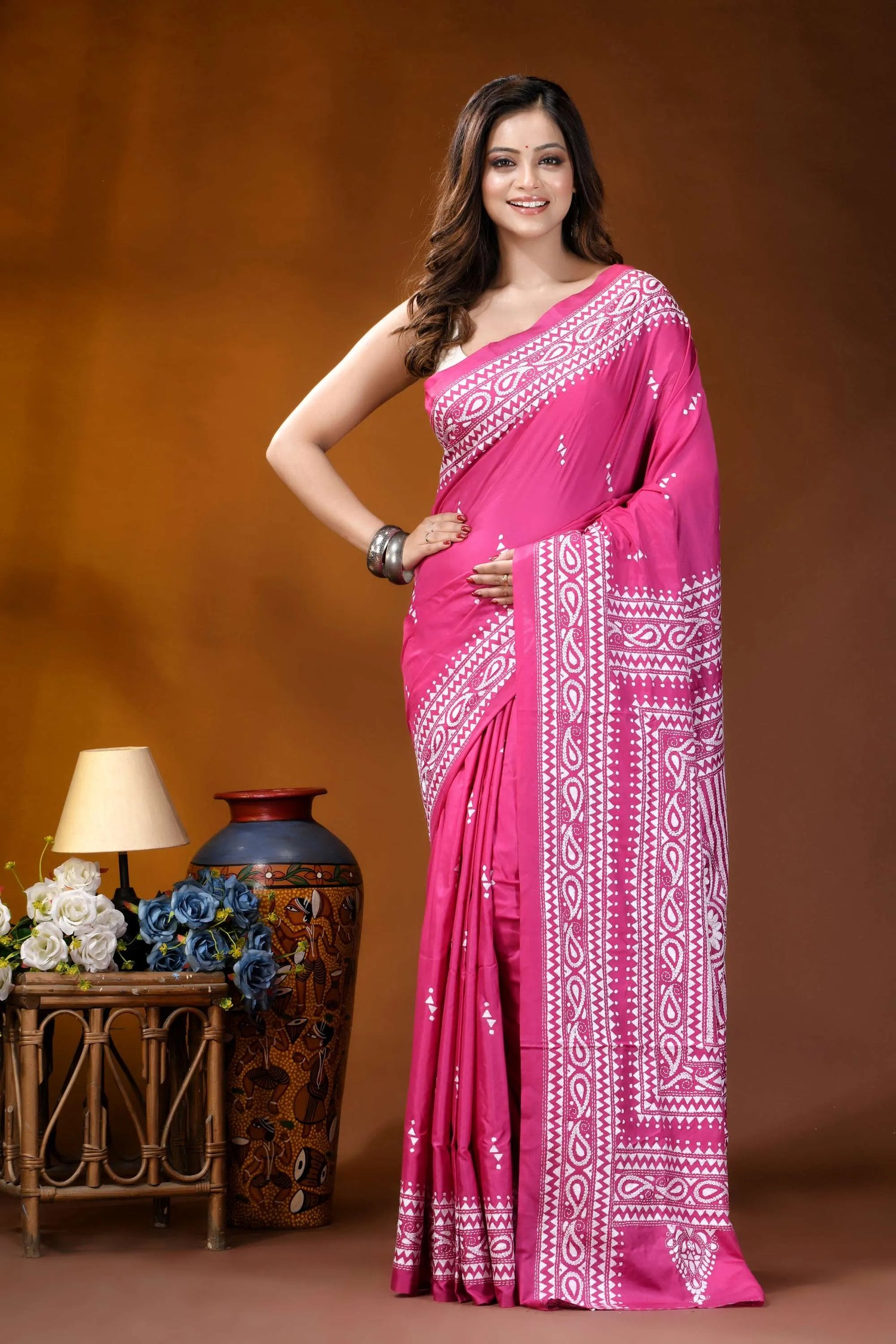 Medium pink paisley design handcrafted kantha embroidery silk saree vibrant pink saree intricate white 1