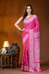 Medium pink paisley design handcrafted kantha embroidery silk saree vibrant pink saree intricate white 1