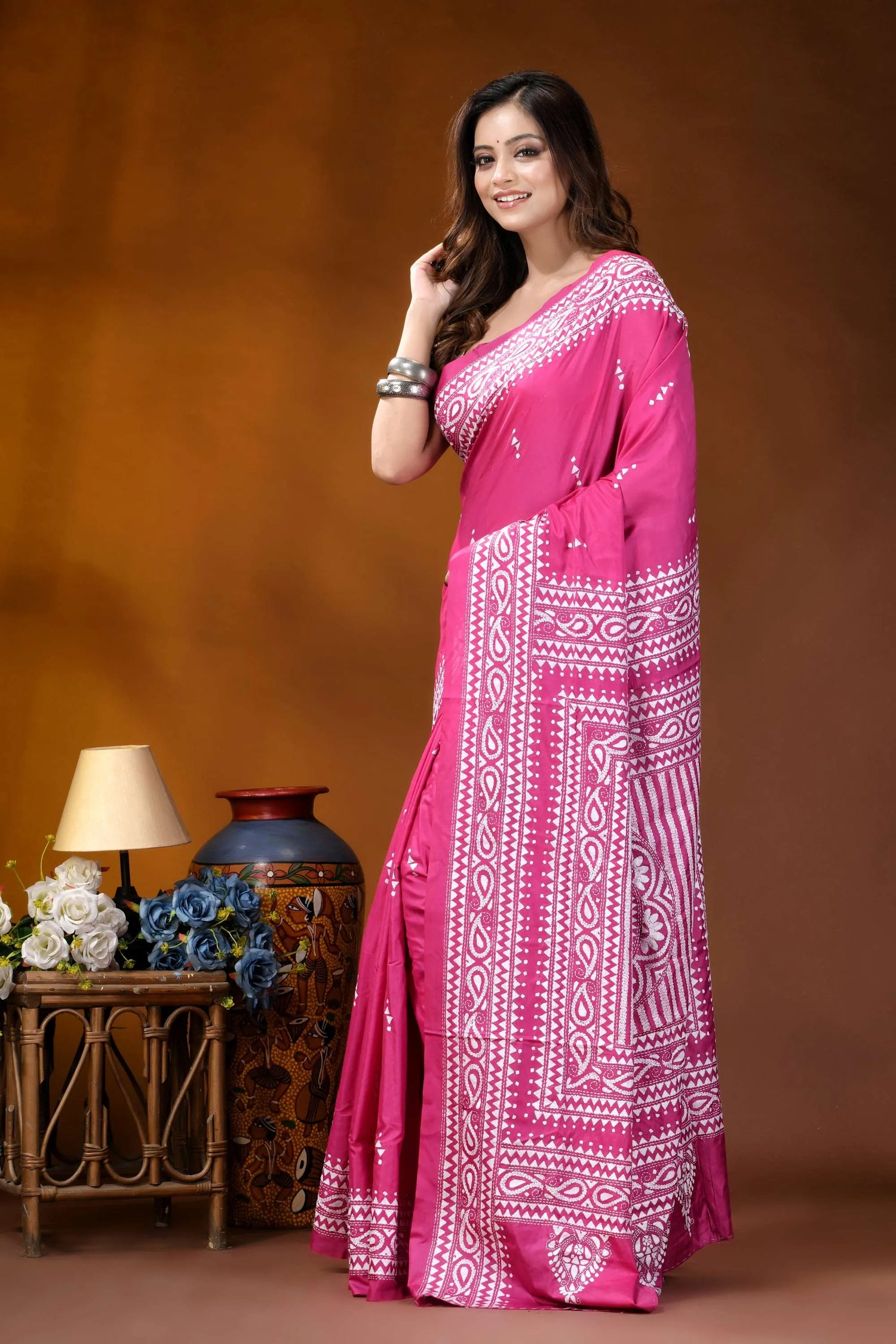 Medium pink paisley design handcrafted kantha embroidery silk saree vibrant pink saree intricate white 3
