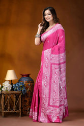 Medium pink paisley design handcrafted kantha embroidery silk saree vibrant pink saree intricate white 3