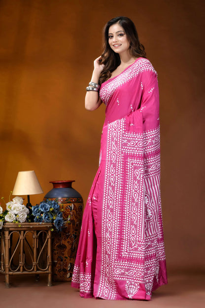 Medium pink paisley design handcrafted kantha embroidery silk saree vibrant pink saree intricate white 3