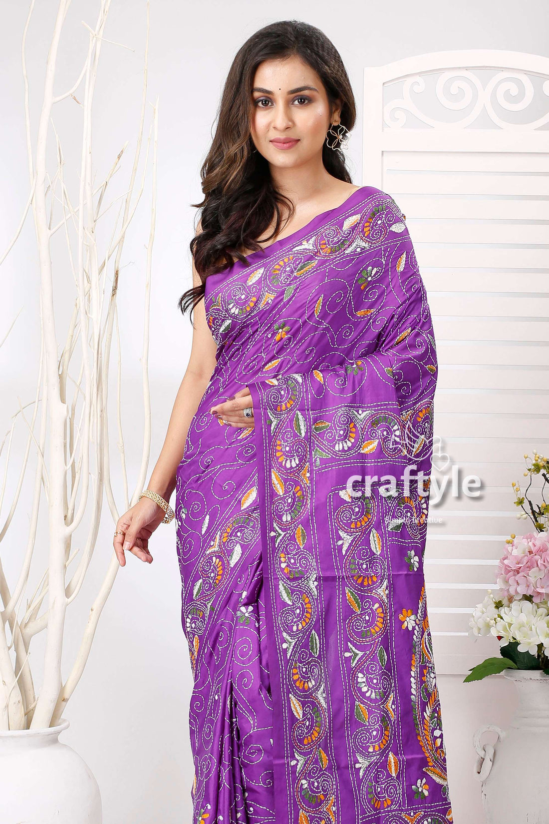Medium Purple Traditional Silk Kantha Saree - Craftyle