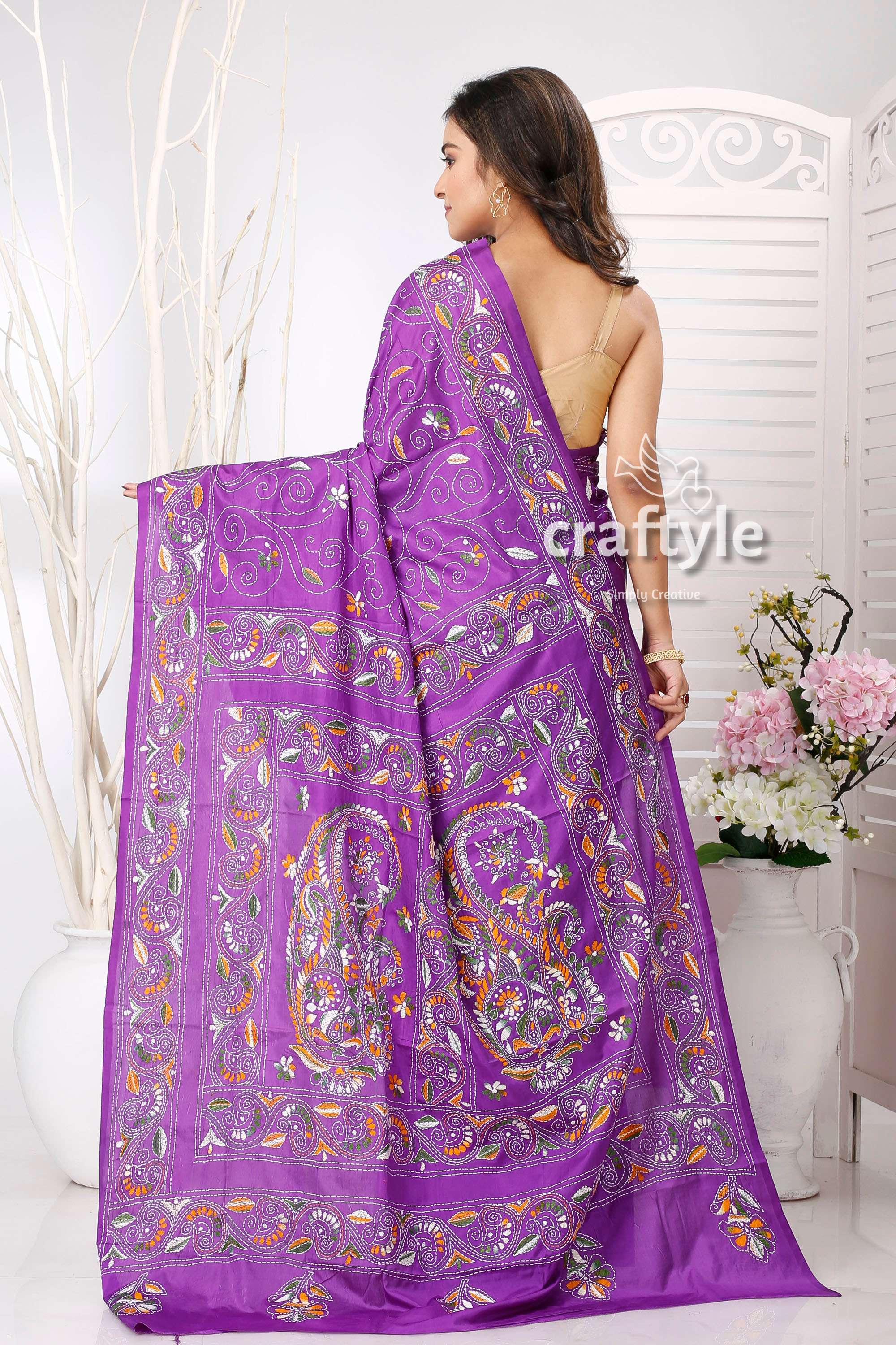 Medium Purple Traditional Silk Kantha Saree - Craftyle