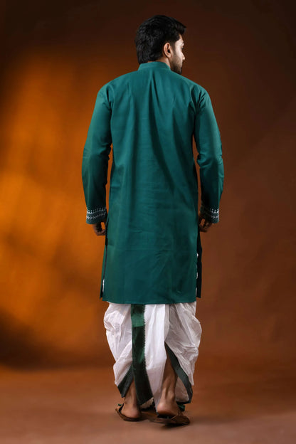 Men’s cotton kantha work panjabi with handcrafted white mandala - teal green 5