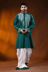 Men’s cotton kantha work panjabi with handcrafted white mandala - teal green 7