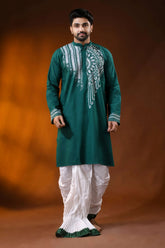 Men’s cotton kantha work panjabi with handcrafted white mandala - teal green 1