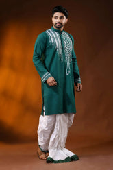 Men’s cotton kantha work panjabi with handcrafted white mandala - teal green 4