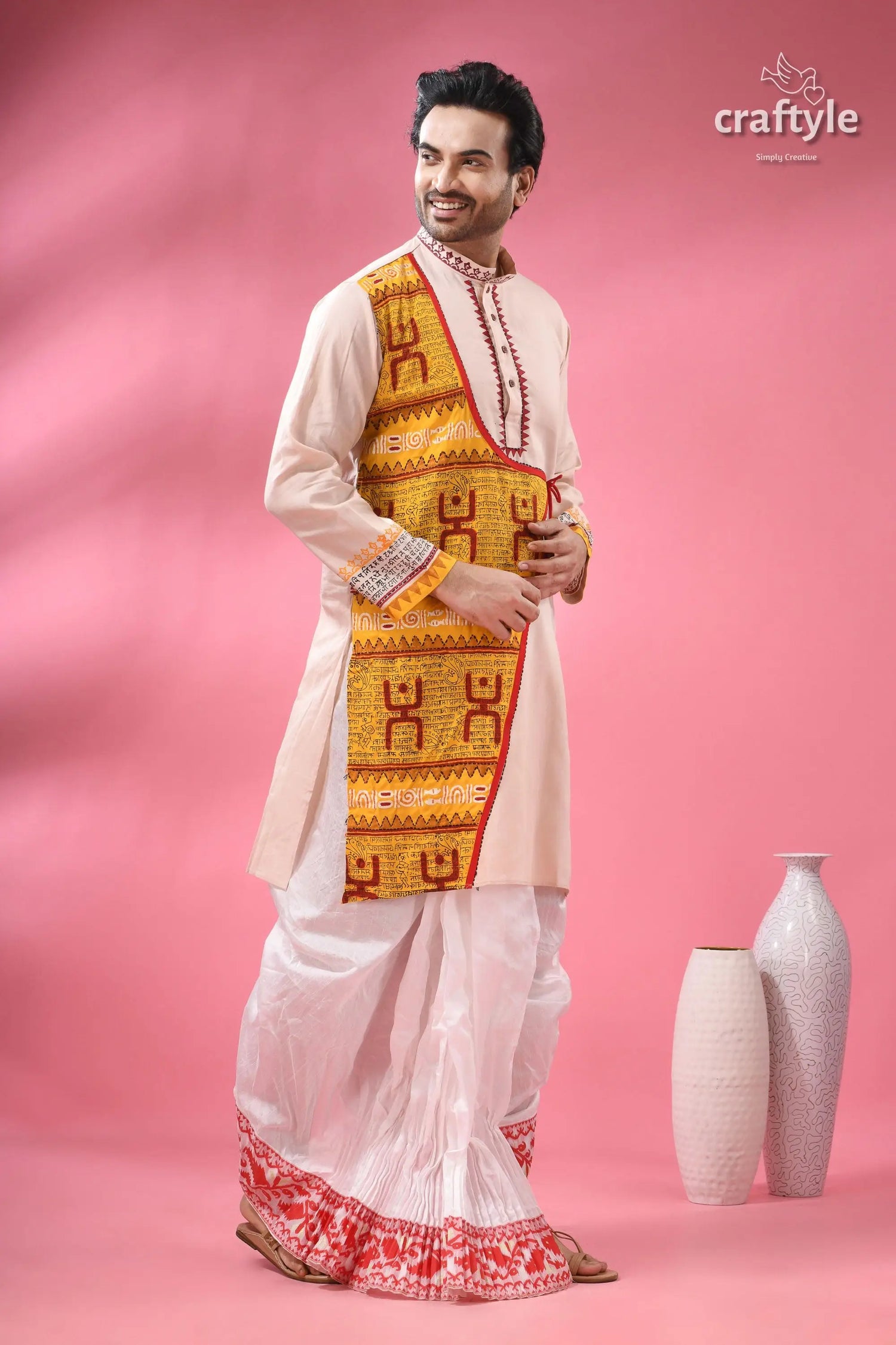 Men’s cotton punjabi with hand block print &amp; patchwork men’s beige yellow embroidered kurta 3