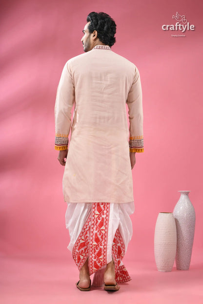 Men’s cotton punjabi with hand block print &amp; patchwork man beige kurta embroidered cuffs 7