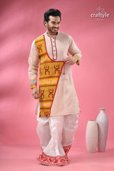 Men’s cotton punjabi with hand block print & patchwork men’s cream colored kurta yellow red 1