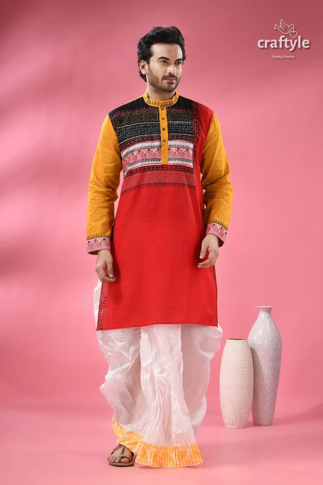 Menās designer cotton punjabi handcrafted indian festive wear menās red yellow patterned kurta 1