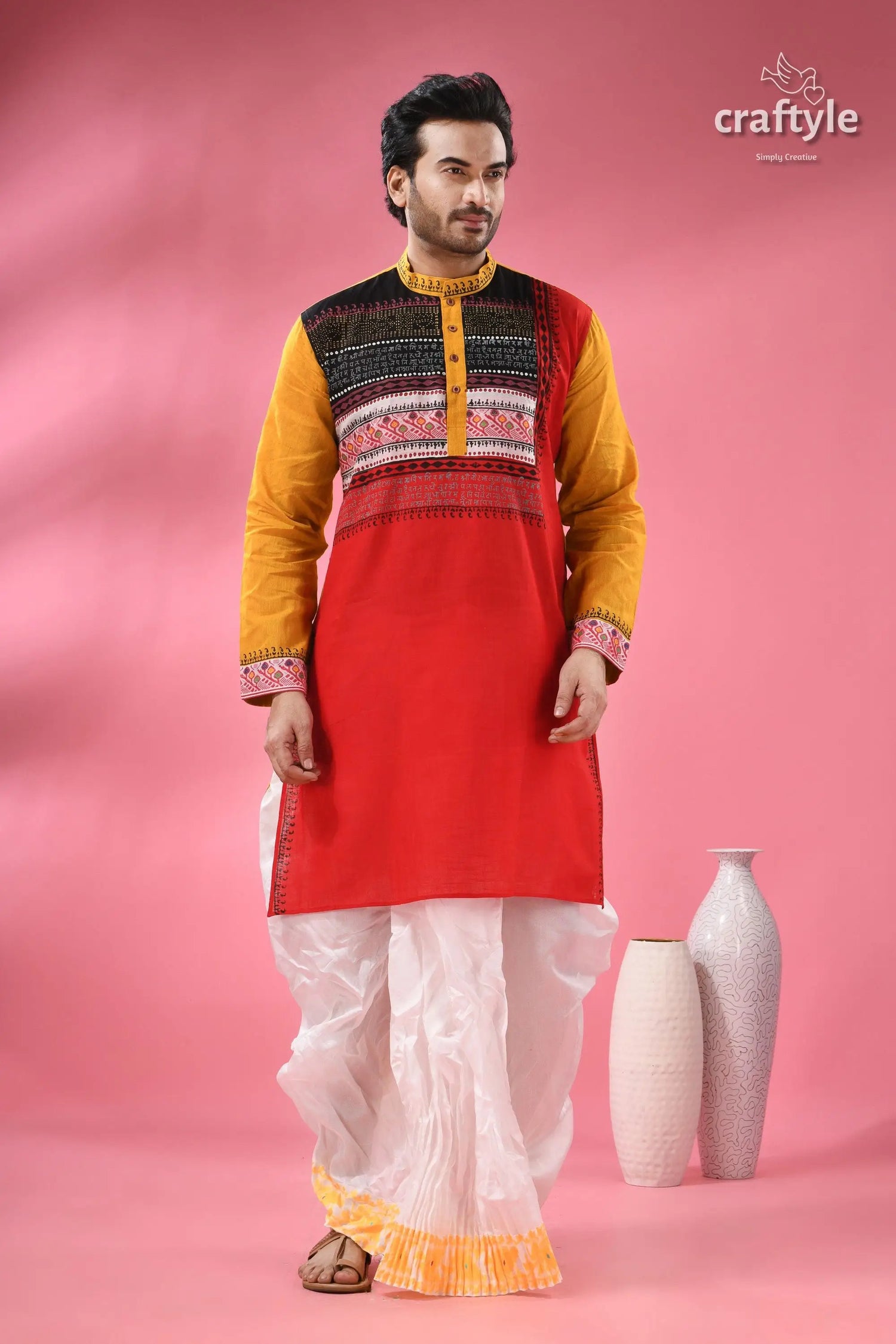 Men’s designer cotton punjabi handcrafted indian festive wear men’s red yellow patterned kurta 1
