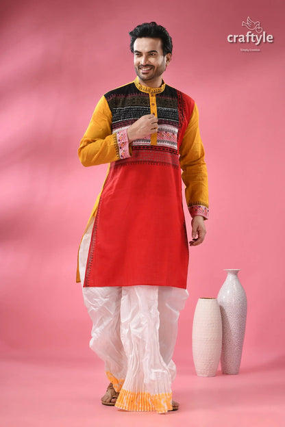 Men’s designer cotton punjabi handcrafted indian festive wear man’s red yellow kurta black 3