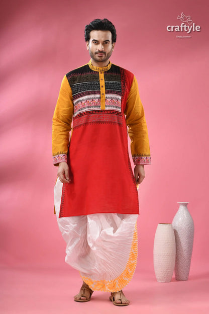 Men’s designer cotton punjabi handcrafted indian festive wear men’s red yellow patterned kurta 5