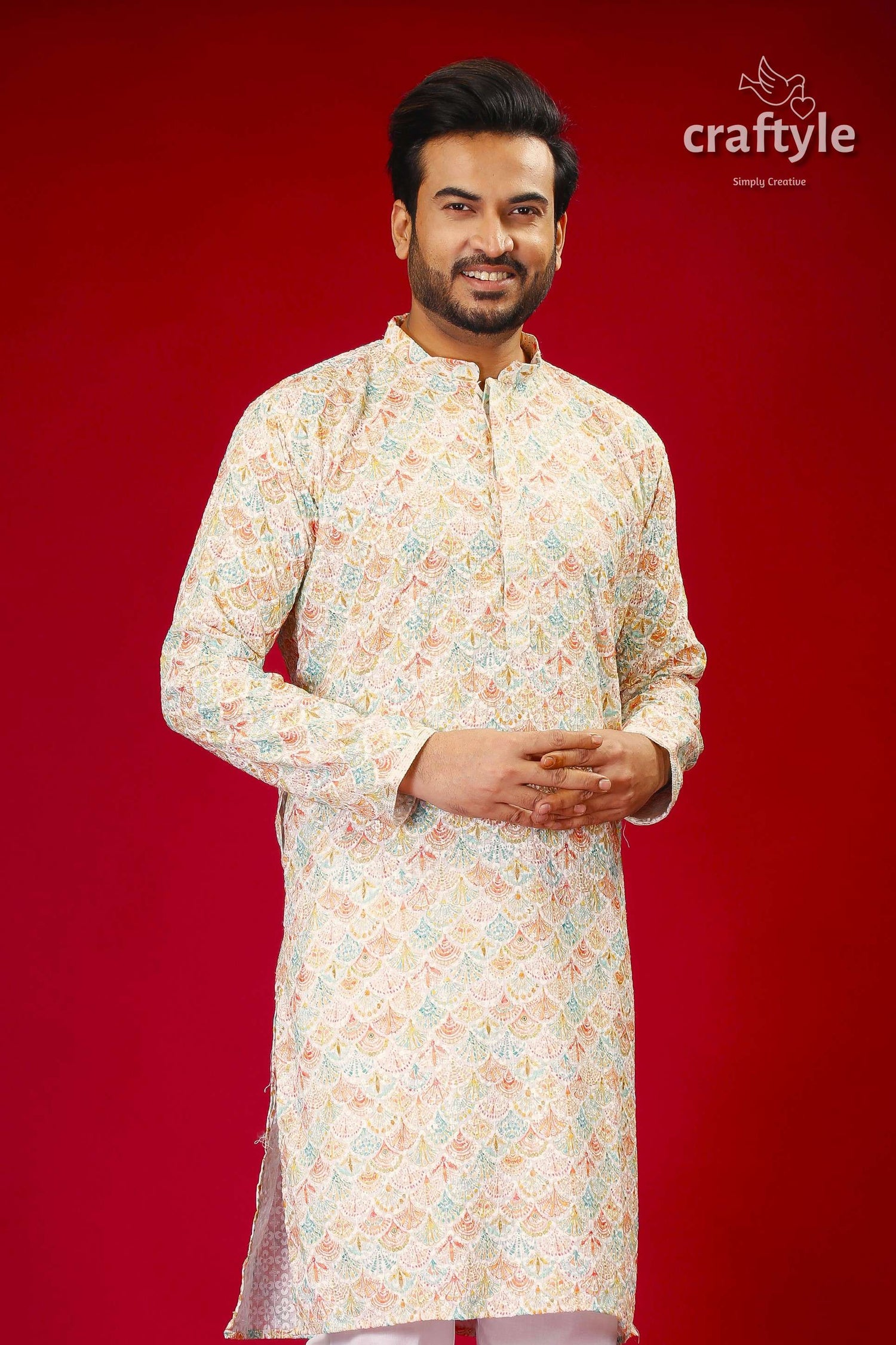Mens Embroidered Kurta with Multicolor Sequin Embellishments - Craftyle