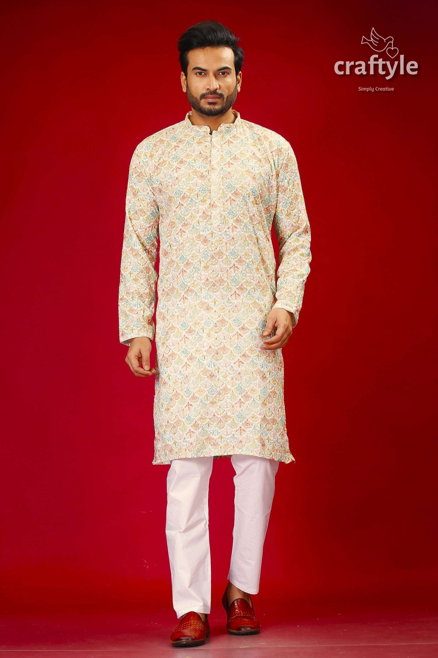 Mens Embroidered Kurta with Multicolor Sequin Embellishments - Craftyle