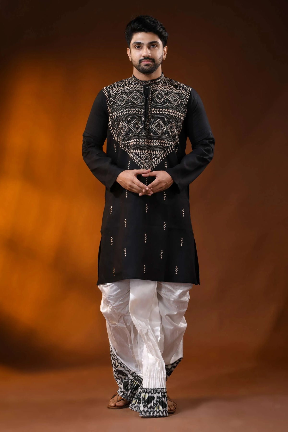 Men’s onyx black cotton kantha work panjabi beige geometric design 1