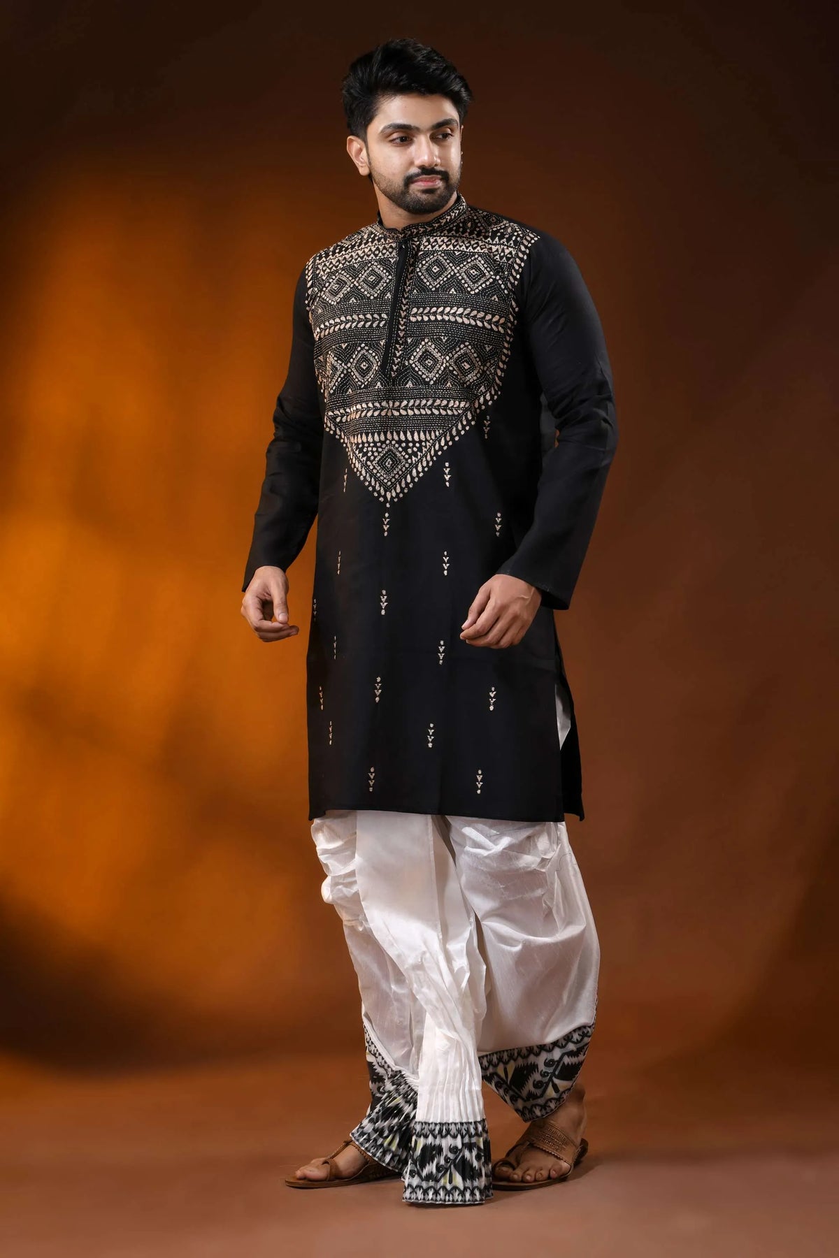 Men’s onyx black cotton kantha work panjabi beige geometric design 3