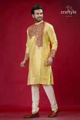 Mens silk kurta in pastel yellow and maroon with elegant embroidery man embroidered yellow kurta 4